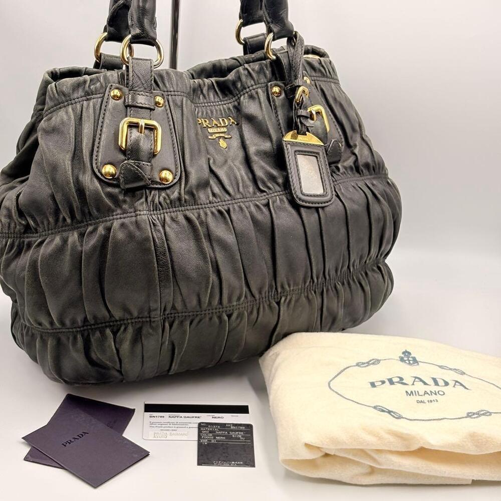 PRADA Nappa Gaufre Handbag Gathered Leather Black